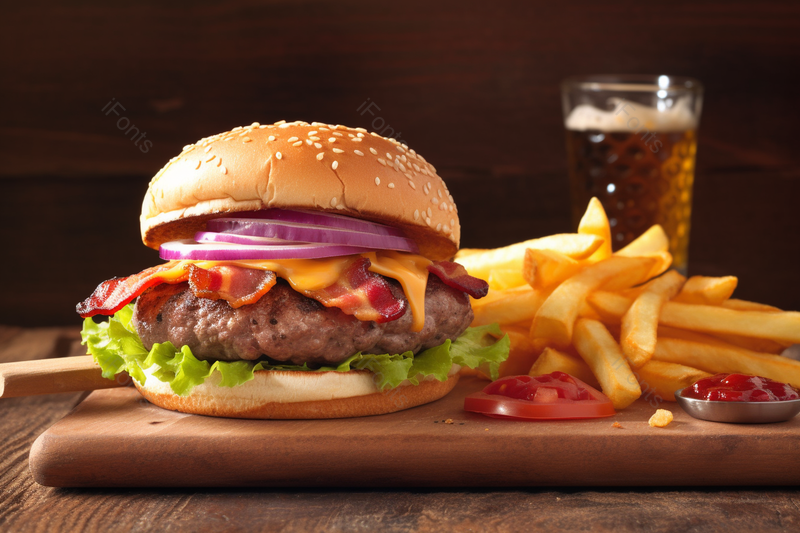 营养美味的培根芝士汉堡加肉饼番茄洋葱,高清,摄影图,摄影图片,图片大全,摄影图免费下载